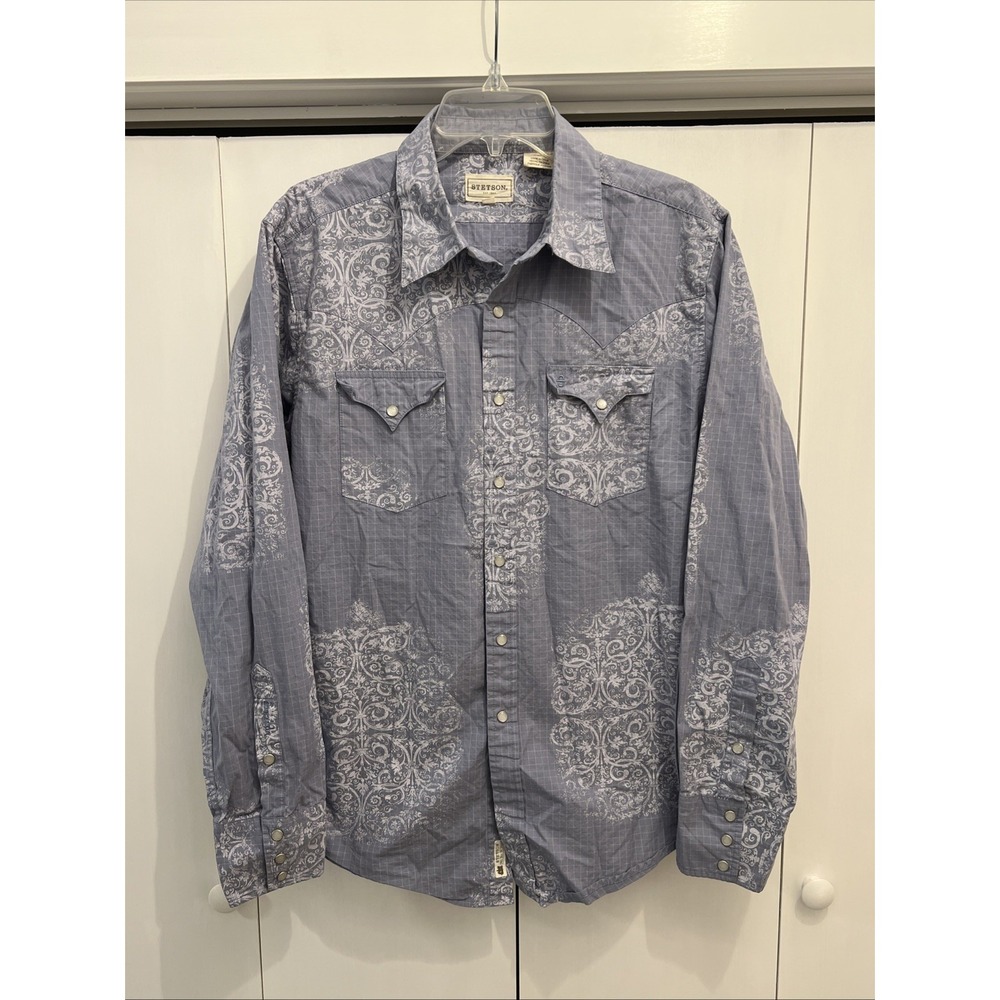 Stetson Blue/White Paisley Long Sleeve Western Pearl Snap Shirt, Men's Size L